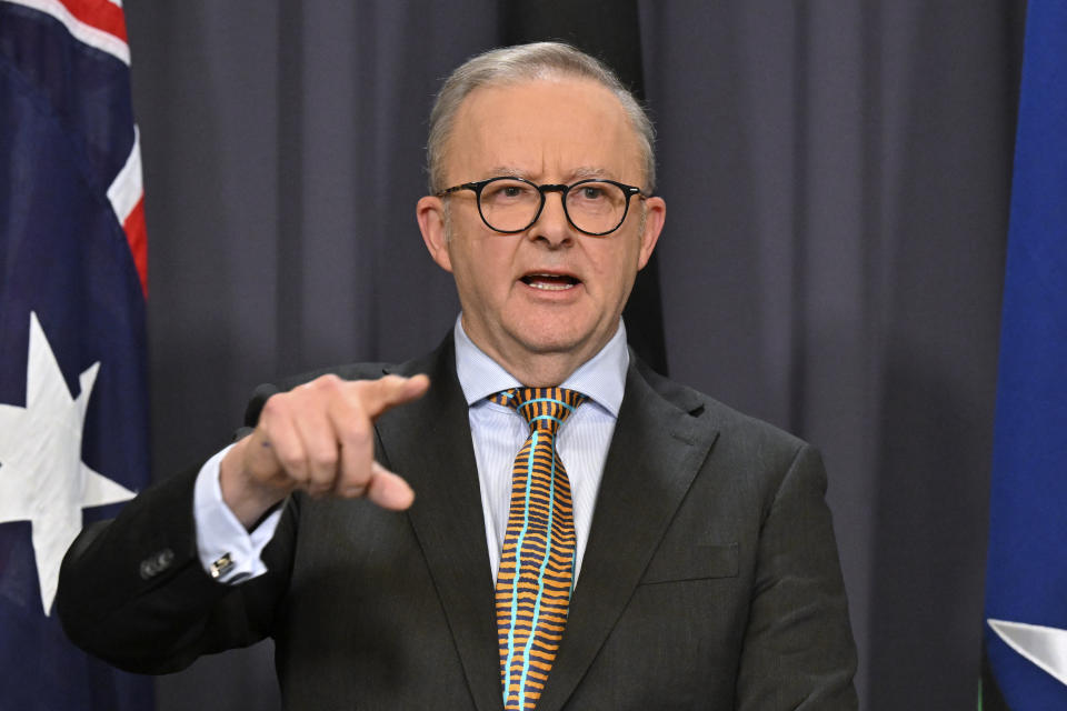 Australian Prime Minister Anthony Albanese speaks at a press conference at Parliament House in Canberra, Tuesday, June 11, 2024. China's Premier Li Qiang will visit Australia later this week, officials said, in a further indication that strained bilateral relations are improving. (Mick Tsikas/AAP Image via AP)