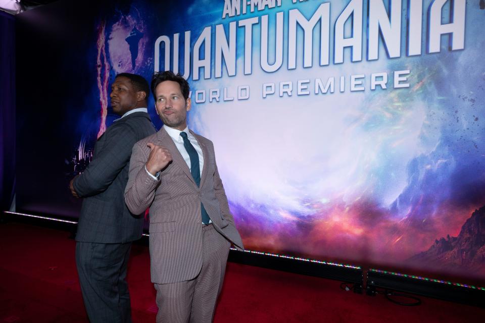 Jonathan Majors and Paul Rudd attend the "Ant-Man and the Wasp: Quantumania" world premiere at Regency Village Theatre in Westwood, California on February 06, 2023.