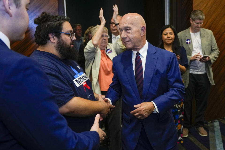 State Sen. John Whitmire greets his supporters as he arrives to an election watch party on Tuesday, Nov. 7, 2023 in Houston. (Brett Coomer/Houston Chronicle via AP)