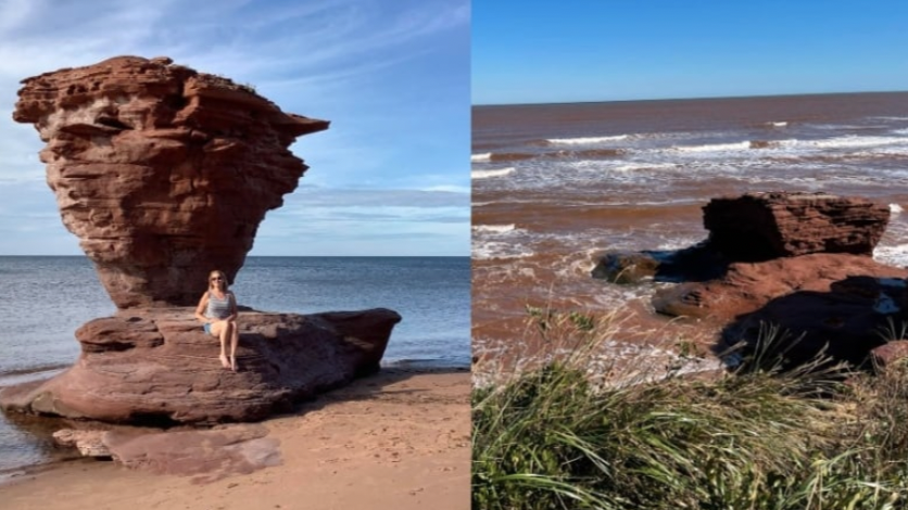 These shots from Marg Chisholm-Ramsay show Teacup Rock and the remnants of the rock on Sunday. (Submitted by Marg Chisholm-Ramsay)