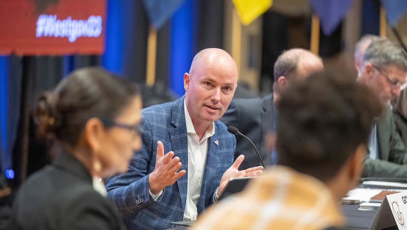 Gov. Spencer Cox speaks at the Western Governors’ Association’s 2023 winter meeting in Jackson Hole, Wyo., on Monday, Nov. 6, 2023.