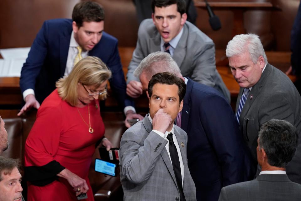 Rep. Matt Gaetz, R-Fla., looks into the gallery after Rep. Kevin McCarthy, R-Calif., lost the 14th vote in the House chamber as the House meets for the fourth day to elect a speaker and convene the 118th Congress in Washington, Friday, Jan. 6, 2023.