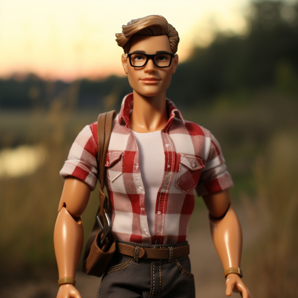 Blonde Ken wearing glasses, a plaid shirt with rolled-up sleeves, undershirt, and jeans
