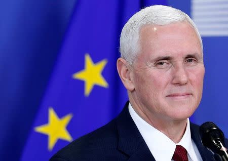 U.S. Vice President Mike Pence briefs the media at the EU Commission headquarters in Brussels, Belgium, February 20, 2017. REUTERS/Francois Lenoir