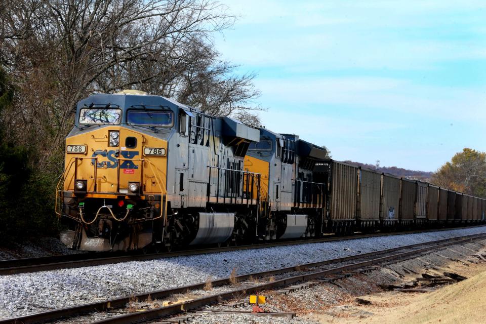 A train is stopped on the track near the railroad crossing at Enon Springs Road after hitting a vehicle at the railroad crossing on Washington Street near the Smyrna depot in downtown Smyrna Tenn. on Monday, Nov. 13, 2023.