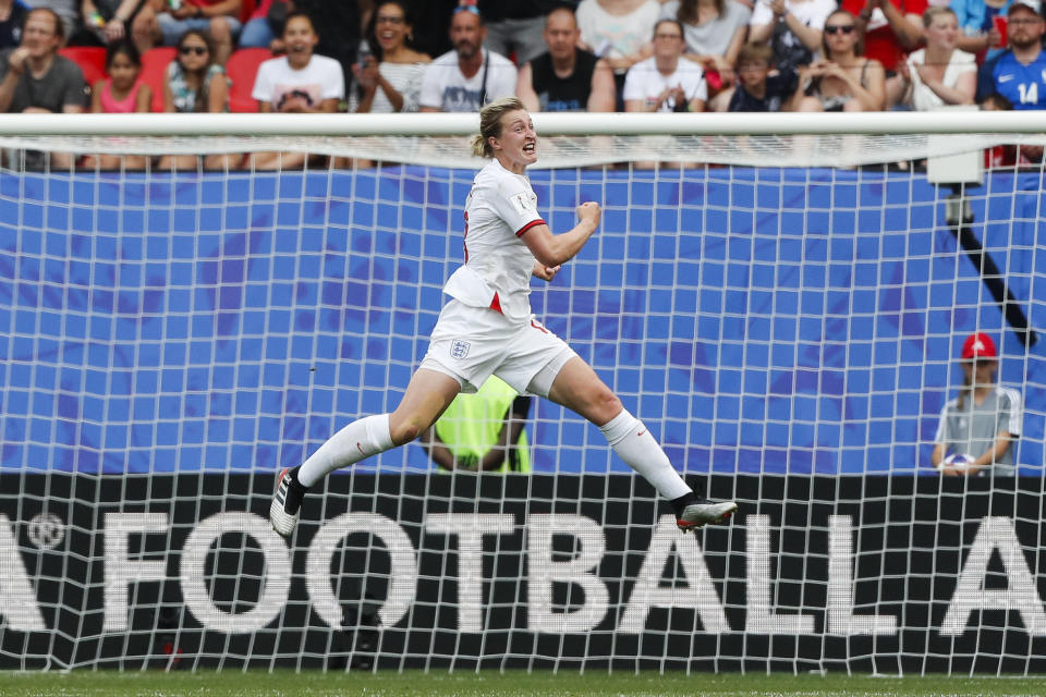 England's Ellen White celebrates after scoring her side's 2nd goal during the Women's World Cup round of 16 soccer match between England and Cameroon at the Stade du Hainaut stadium in Valenciennes, France, Sunday, June 23, 2019. (AP Photo/Michel Spingler)