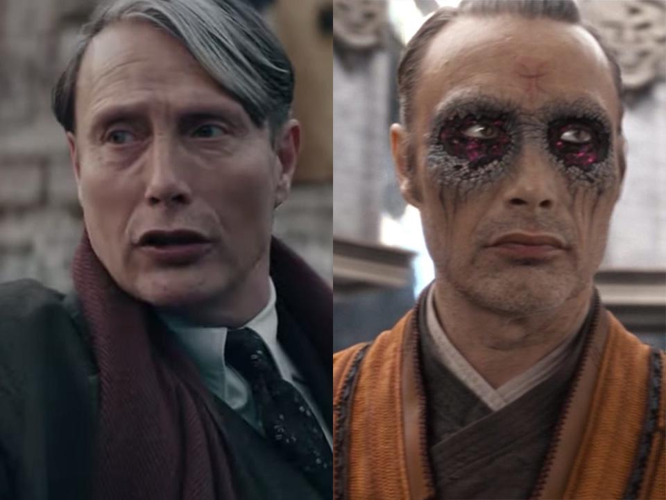 On the left: Mads Mikkelsen as Gellert Grindelwald in "Fantastic Beasts: The Secrets of Dumbledore." On the right: Mikkelsen as Kaecilius in "Doctor Strange."