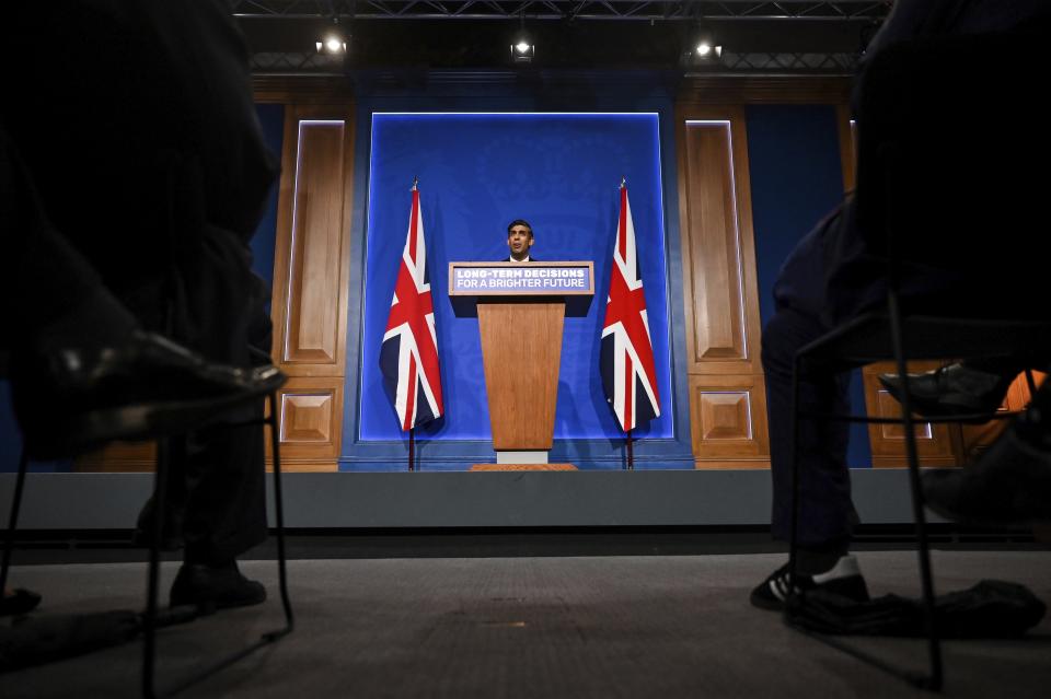 Britain's Prime Minister Rishi Sunak delivers a speech during a press conference on the net zero target, at the Downing Street Briefing Room, in central London, Wednesday Sept. 20, 2023. Prime Minister Rishi Sunak is preparing to water down some of Britain's environmental commitments, saying the country must fight climate change without penalizing workers and consumers. (Justin Tallis/Pool via AP)