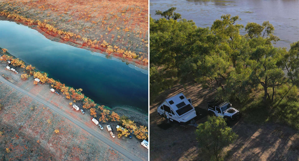 Cars and caravans line the banks for the Georgina River in the Mt Isa region