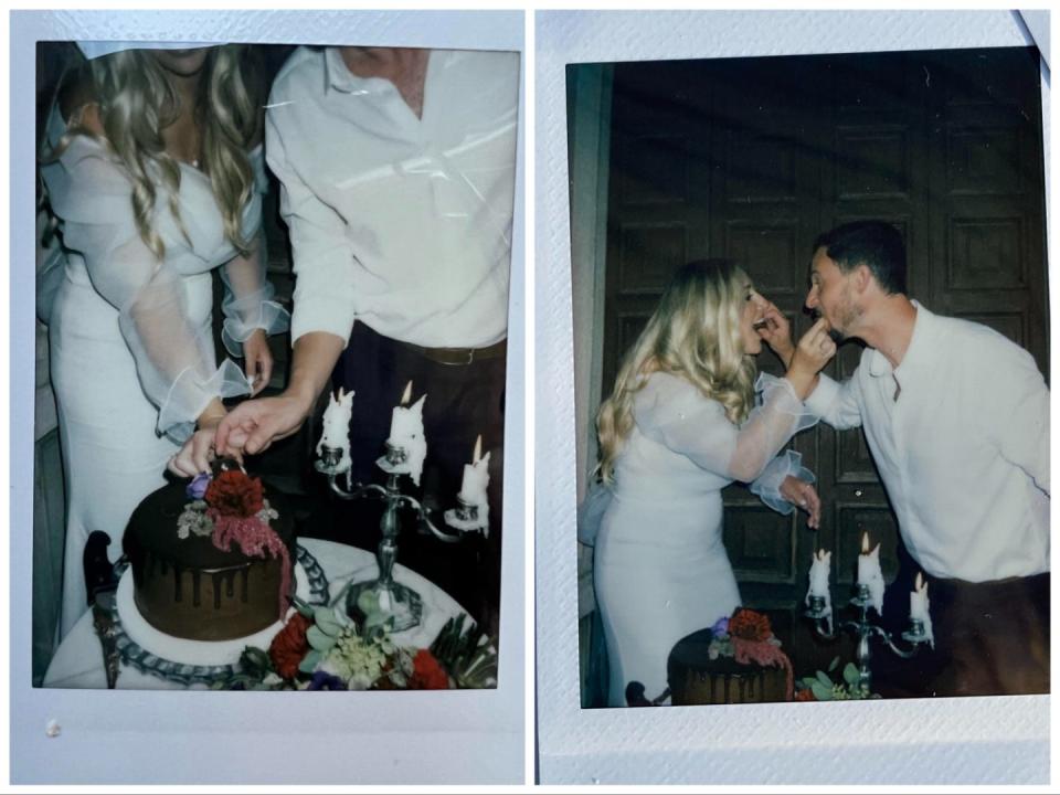 Two polariod pictures of cutting a cake and then feeding eachother the cake.