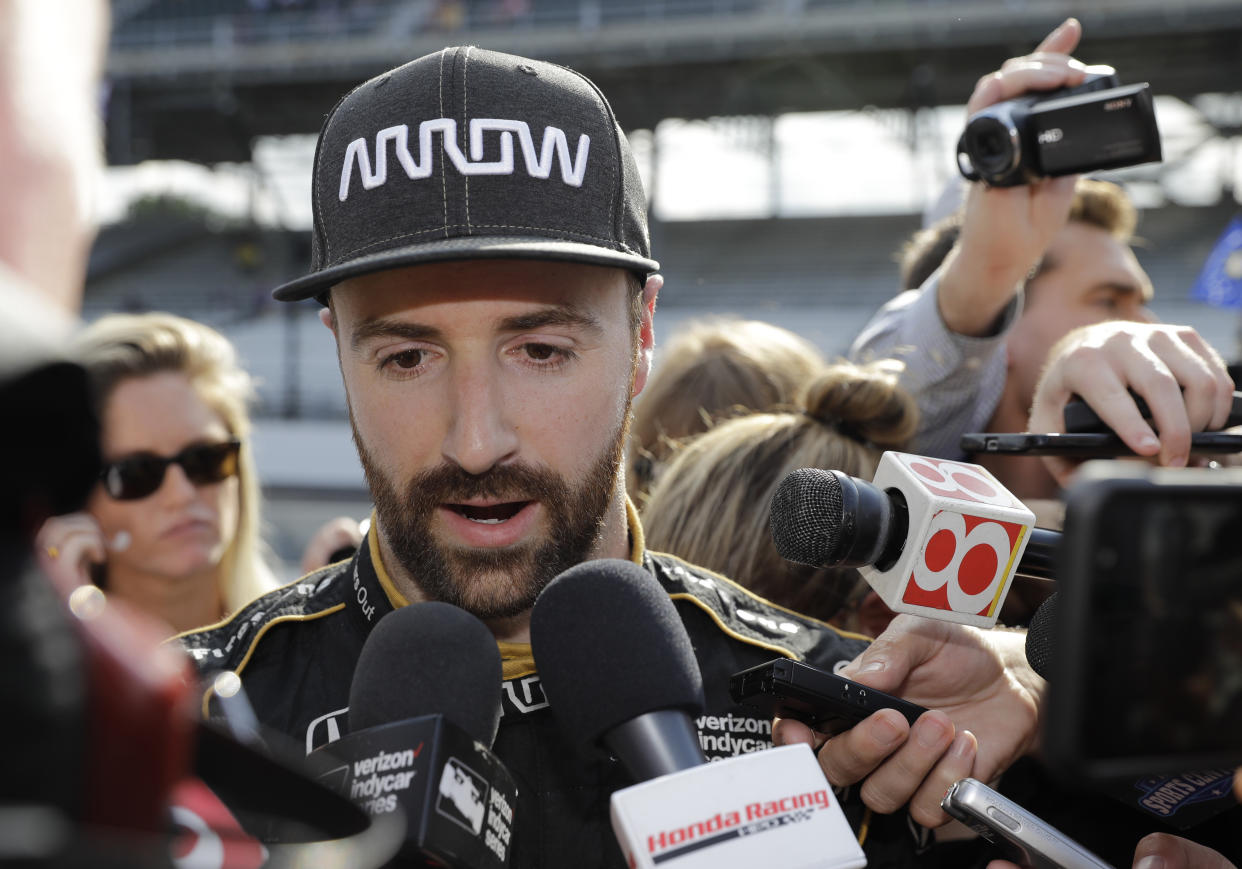 FILE- In this May 19, 2018 file photo, James Hinchcliffe, of Canada, talks with the media after he did not qualify for the IndyCar Indianapolis 500 auto race at Indianapolis Motor Speedway in Indianapolis. (AP Photo/Darron Cummings, File)