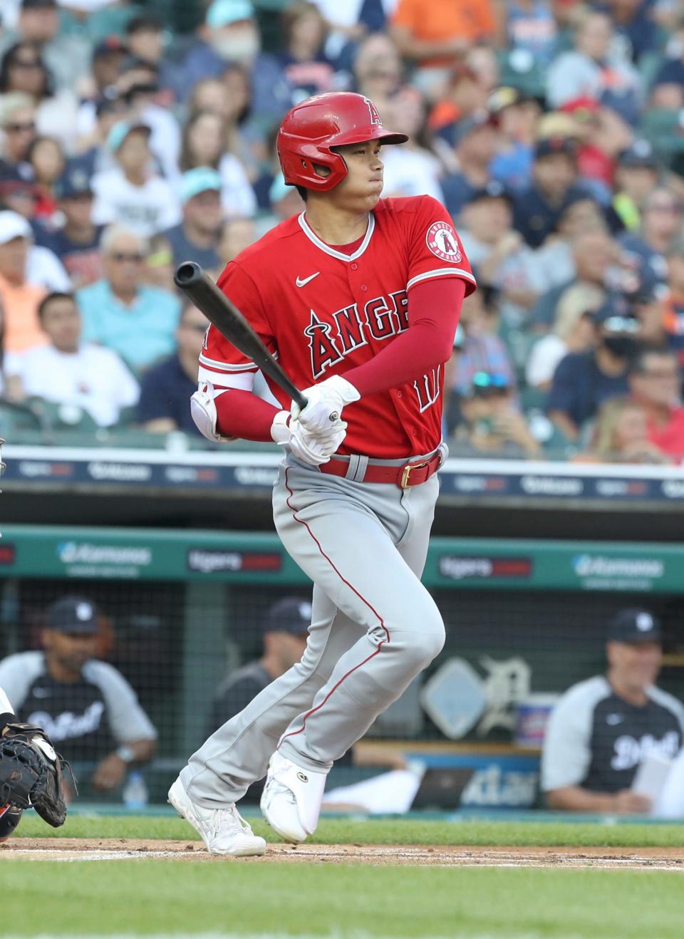 Angels DH Shohei Ohtani bats against the Detroit Tigers during first-inning action at Comerica Park in Detroit on Friday, Aug. 19, 2022..