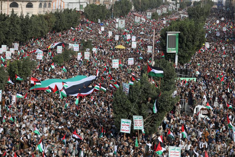 People protest in support of Palestinians in Gaza as the conflict between Israel and Hamas continues, in Sanaa