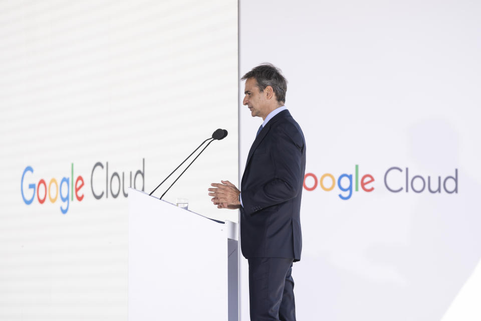 Greek Prime Minister Kyriakos Mitsotakis speaks at a Google Cloud event in Athens on Thursday, Sept. 29, 2022. Google announced Thursday that it is expending is cloud infrastructure to Greece, following similar investments by tech giants Microsoft and Amazon. (AP Photo/Petros Giannakouris)