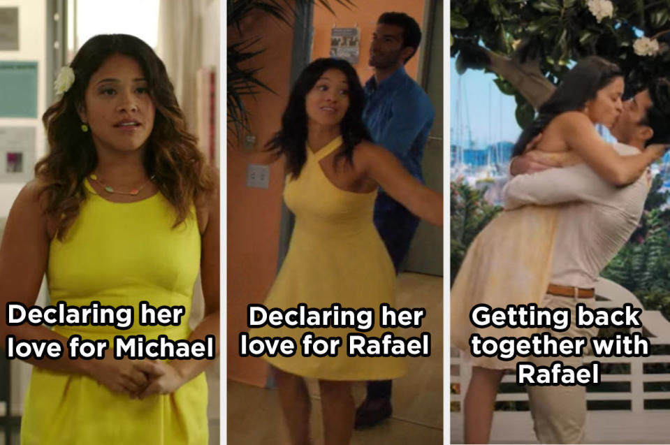 Jane wearing yellow dresses when she declared her love for Michael, declared her love for Rafael, and got back together with Rafael.