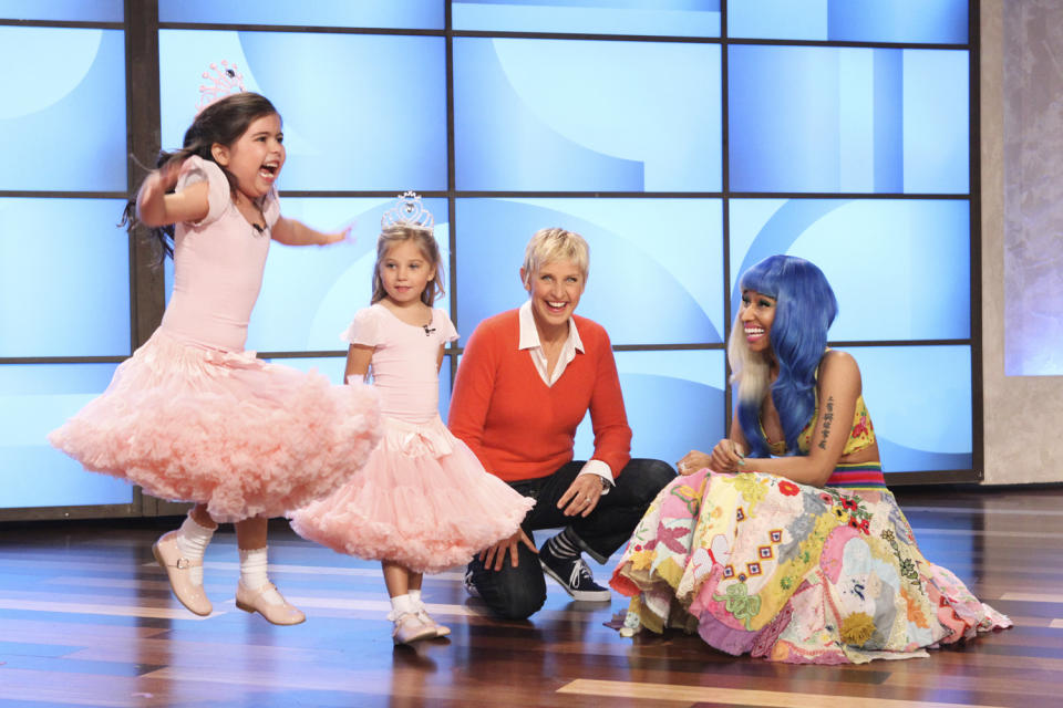 <p>When a video of Sophia Grace Brownlee, 8, and Rosie McClelland, 5, rapping Nicki Minaj's "Super Bass" went viral in 2011, DeGeneres brought them on the show to meet the singer: "In this photo I'm thinking, 'I hope they don't understand the lyrics.' "</p>