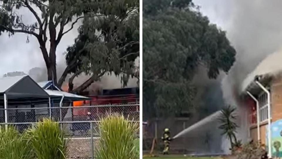 Terrifying footage has emerged of the moment a fire tore through a school in Melbourne‘s east. Picture: Supplied