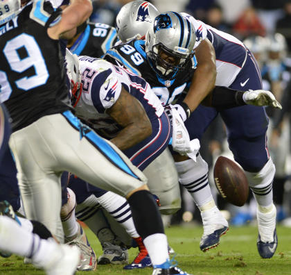Stevan Ridley (right) pictured near, but not with, the football (left). (Bob Donnan-USA TODAY Sports)