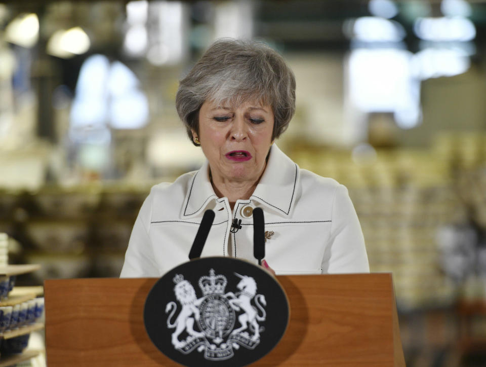 Britain's Prime Minister Theresa May delivers a speech during a visit to the Portmeirion pottery factory in Stoke-on-Trent, England, Monday, Jan. 14, 2019. May is due to make a statement in the House of Commons on Monday afternoon, a day before lawmakers are due to vote on her EU divorce deal. May argues that defeating the deal could open the way for EU-backing legislators to block Brexit. (Ben Birchall/PA via AP)