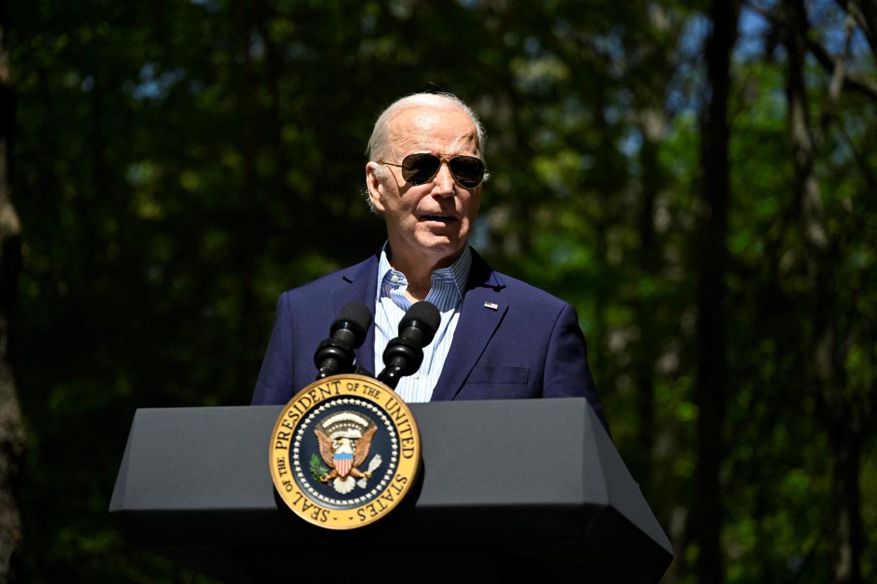 US President Joe Biden delivers remarks to commemorate Earth Day at Prince William Forest Park in Triangle, Virginia, on April 22, 2024.