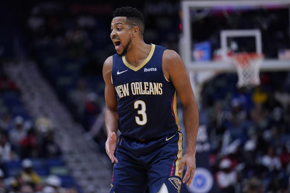 New Orleans Pelicans guard CJ McCollum (3) reacts to a call against him in the second half of an NBA basketball game against the Sacramento Kings in New Orleans, Wednesday, March 2, 2022. The Pelicans won 125-95. (AP Photo/Gerald Herbert)