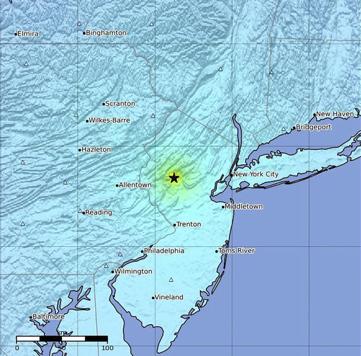 This image provided by the United States Geological Survey shows the epicenter of an earthquake on the East Coast of the U.S. on Friday, April 5, 2024. <span class="copyright">United States Geological Survey—AP</span>