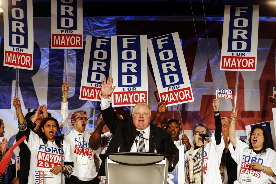 Toronto Mayor Rob Ford speaks at his campaign launch party in Toronto