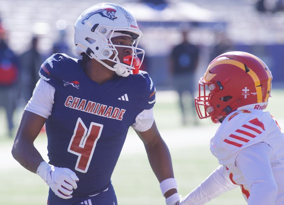 Chaminade Madonna wide receiver and 5-star Ohio State commit Jeremiah Smith competed in the FHSAA Class 1M state championship on Dec. 7, 2023, at Bragg Memorial Stadium.