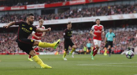 Britain Football Soccer - Arsenal v Manchester City - Premier League - Emirates Stadium - 2/4/17 Manchester City's Sergio Aguero scores their second goal Reuters / Eddie Keogh Livepic