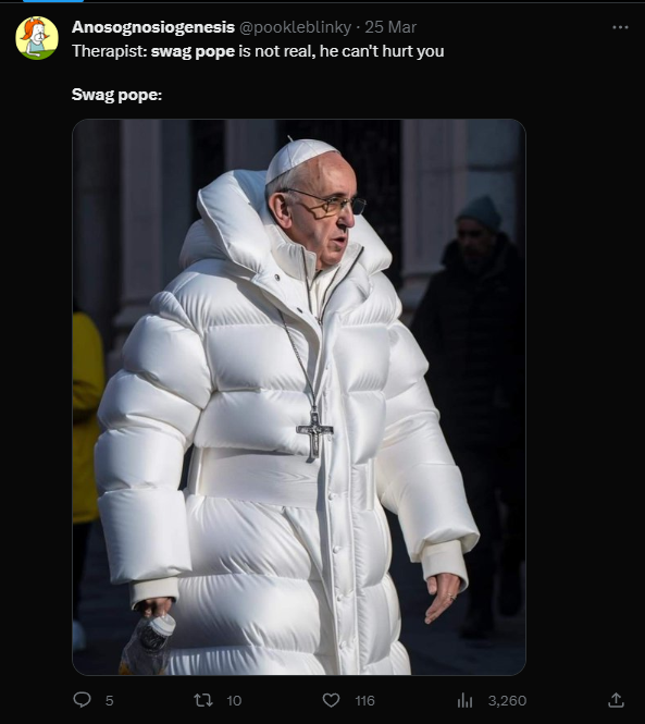 Many people were convinced this image of the pope in an outrageous coat was real but it was later proven to be AI-generated. (Twitter)