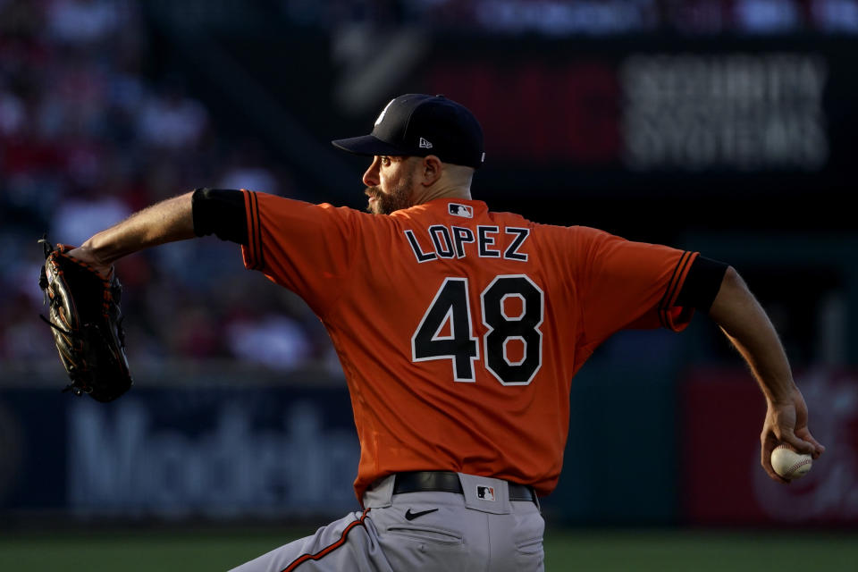 Baltimore Orioles starting pitcher Jorge Lopez throws to the plate during the first inning of a baseball game against the Los Angeles Angels Saturday, July 3, 2021, in Anaheim, Calif. (AP Photo/Mark J. Terrill)