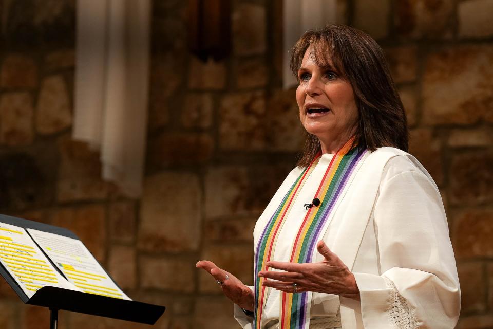 Pastor Tracy Beadle speaks to the congregation during a Sunday service at Westlake United Methodist Church on Sunday, May 5, 2024.