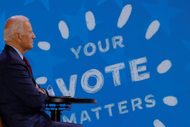 Democratic U.S. presidential nominee Biden takes part in a virtual event with Oprah in Wilmington