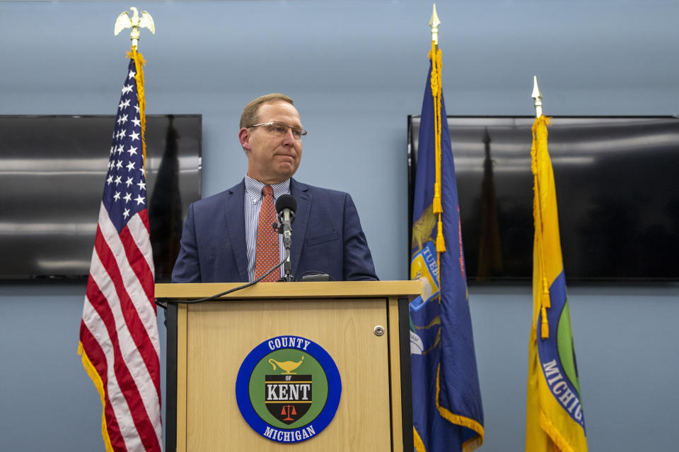 Kent County Prosecutor Chris Becker explains his decision to charge Grand Rapids police Officer Christopher Schurr with second-degree murder during a press conference at the Michigan State Police sixth district headquarters in Walker on Thursday, June 9, 2022. Schurr fatally shot Black motorist Patrick Lyoya on April 4. (Cory Morse/The Grand Rapids Press via AP)