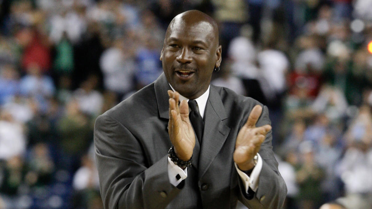 Mandatory Credit: Photo by Paul Sancya/AP/REX/Shutterstock (6354100w)Former North Carolina and NBA player Michael Jordan is seen at halftime of the championship game at the men's NCAA Final Four college basketball tournament, in Detroit.