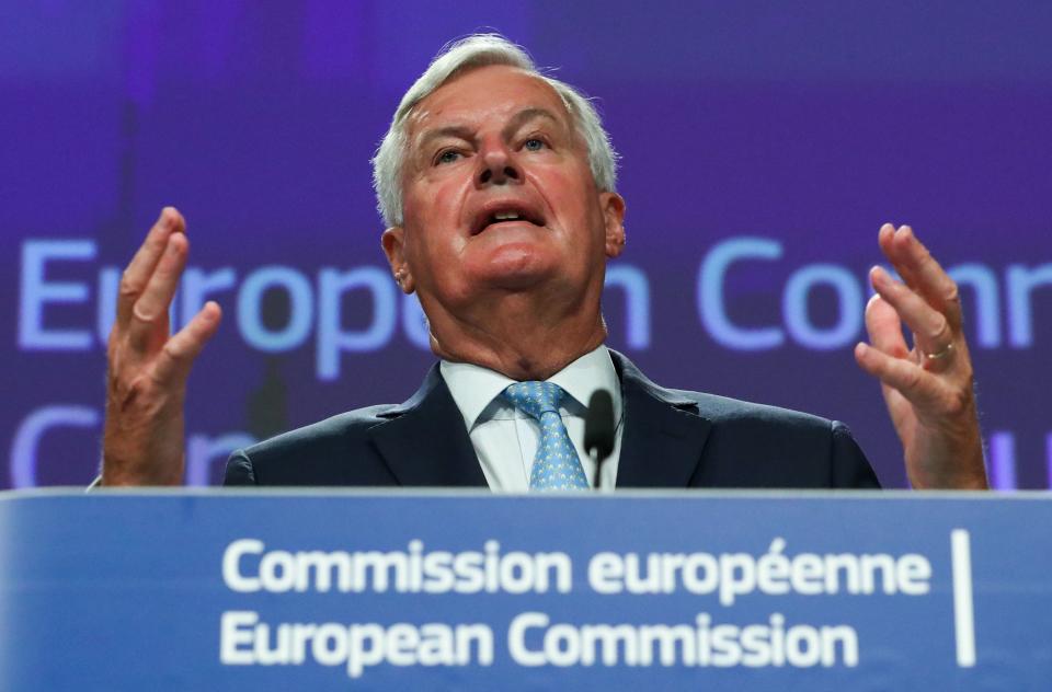 EU's Brexit negotiator Michel Barnier holds a news conference after a meeting with Britain's chief negotiator in Brussels on August 21, 2020. - Barnier said he was worried and "disappointed" at the lack of progress in the latest round of Brexit trade talks. (Photo by YVES HERMAN / POOL / AFP) (Photo by YVES HERMAN/POOL/AFP via Getty Images)