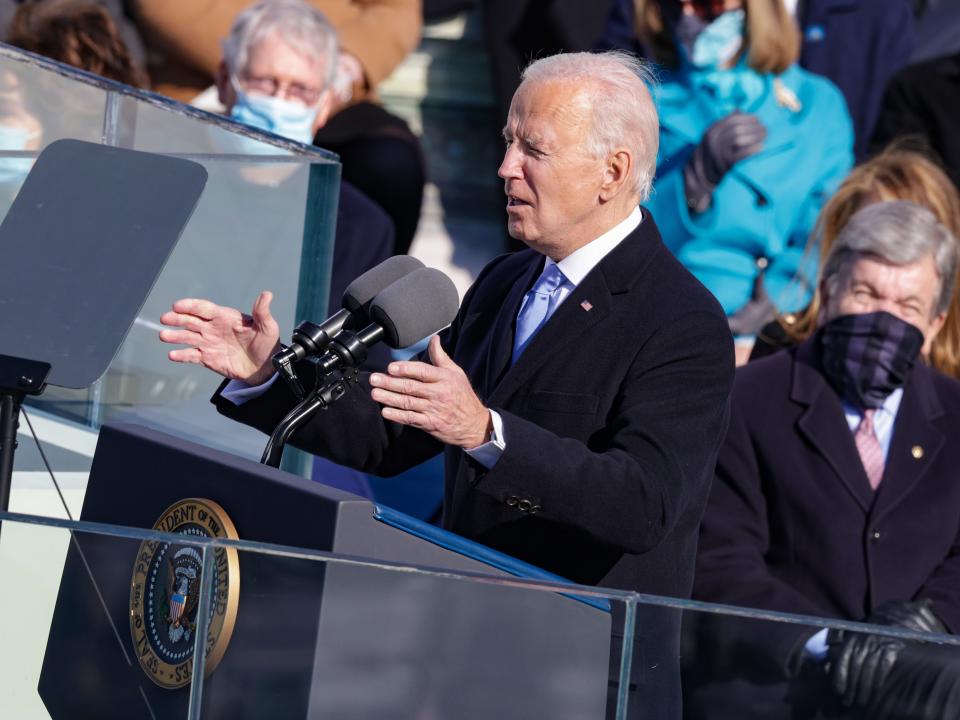 <p>US President Joe Biden delivers his inaugural address on the West Front of the Capitol on 20 January 2021 in Washington, DC</p> ((Getty Images))
