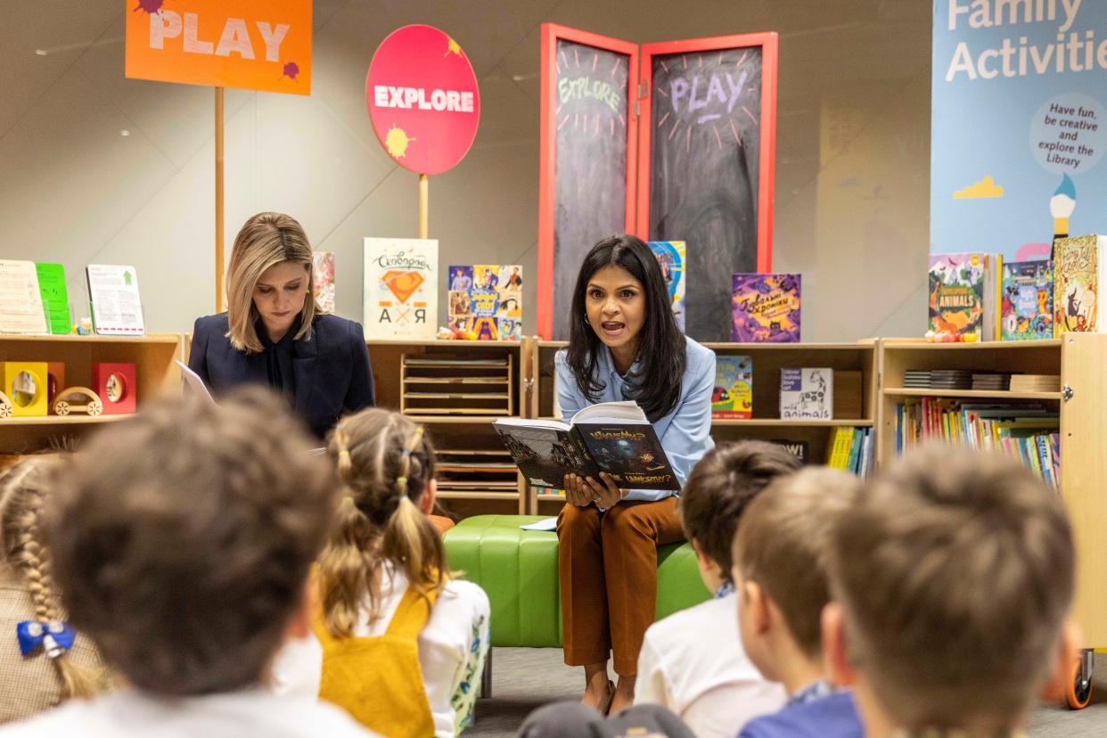 Akshata Murty and Olena Zelenska visit The British Library in central London (AP)