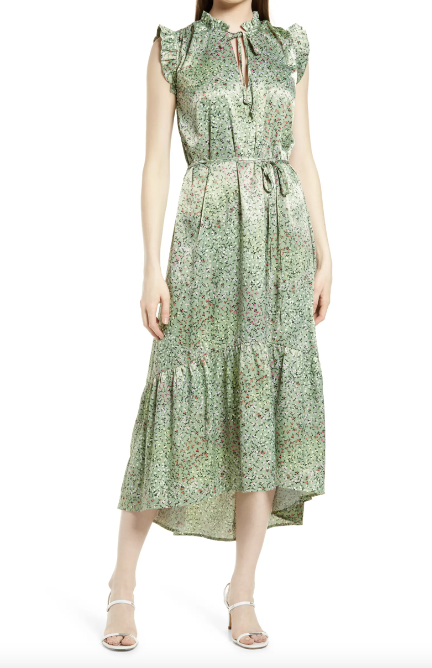 model in green floral Fourteenth Place Alicia Floral Print Satin Midi Dress (Photo via Nordstrom)