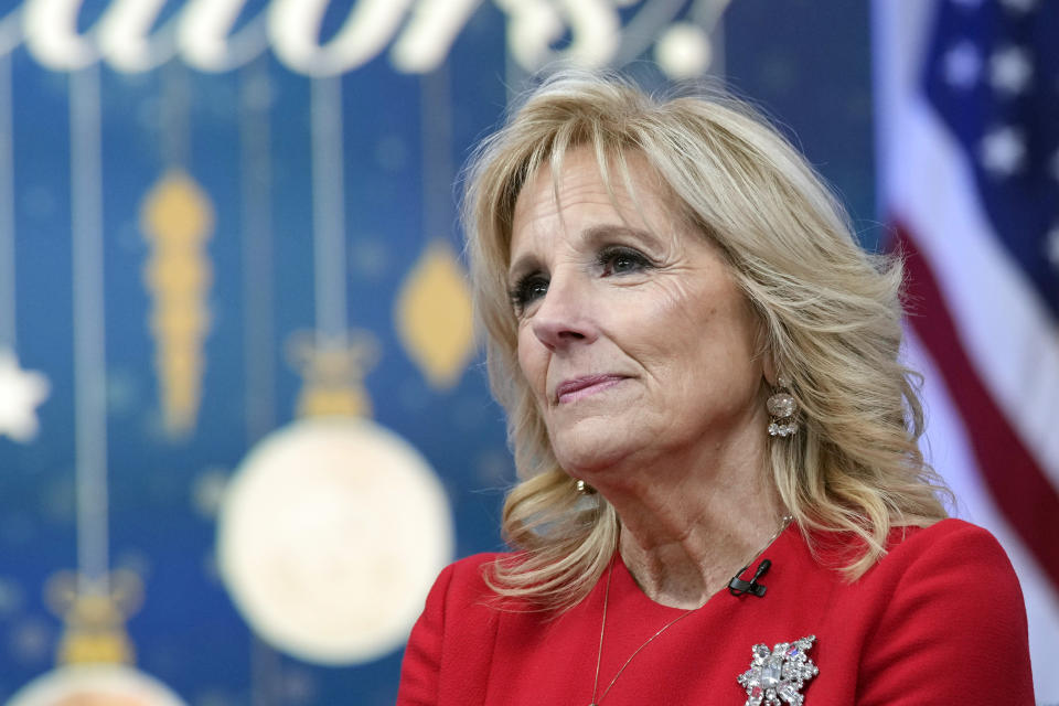 FILE - First lady Jill Biden speaks in the South Court Auditorium on the White House complex in Washington, Monday, Dec. 12, 2022, at an educator appreciation event with the American Federation of Teachers and the National Education Association. Jill Biden will undergo a medical procedure next week to remove a small lesion from above her right eye that was discovered during a routine skin cancer screening, the White House announced Wednesday. (AP Photo/Susan Walsh, File)