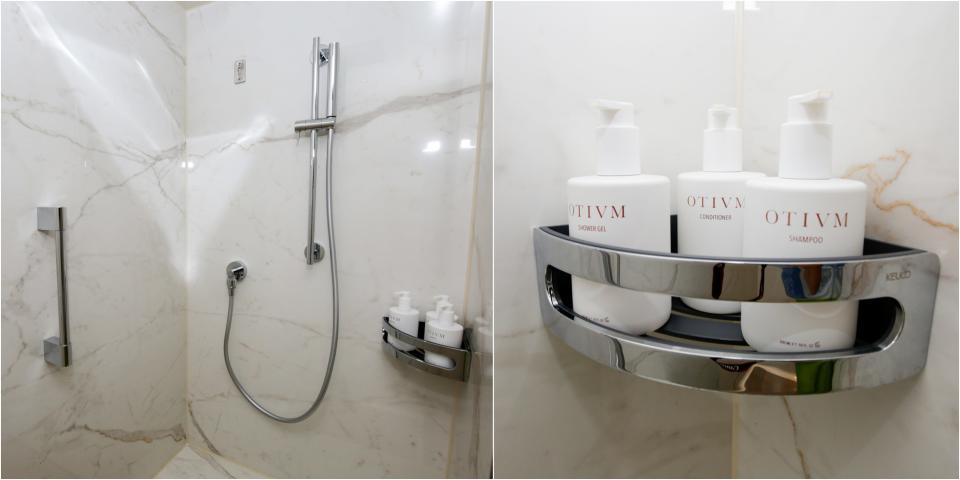 composite of shower and products in deluxe veranda suite on Silversea Silver Ray with