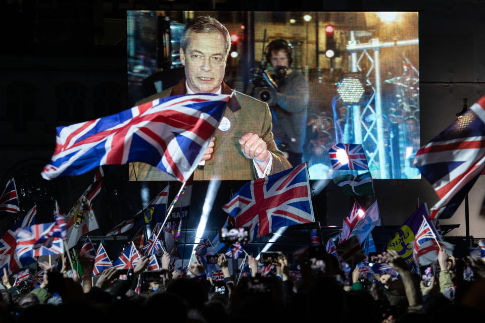 LONDON, ENGLAND - JANUARY 31: Brexit Party leader Nigel Farage addresses Pro Brexit supporters as the United Kingdom prepares to exit the EU during the Brexit Day Celebration Party hosted by Leave Means Leave at Parliament Square on January 31, 2020 in London, England. At 11.00pm on Friday 31st January the UK and Northern Ireland exits the European Union, 188 weeks after the referendum on June 23rd, 2016. (Photo by Leon Neal/Getty Images)