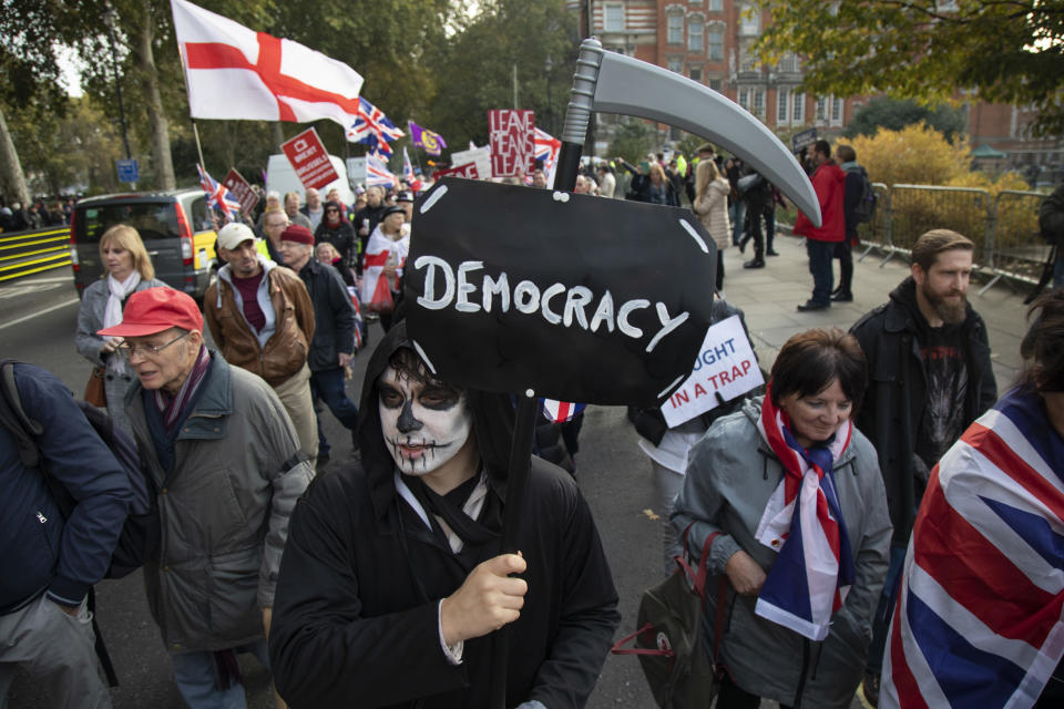 Pro Brexit anti European Union Leave protesters demonstrating in Westminster on what, prior to another Brexit Day extension, would have been the day the UK was scheduled to leave the EU, and instead political parties commence campaigning for a General Election on 31st October 2019 in London, England, United Kingdom. Brexit is the scheduled withdrawal of the United Kingdom from the European Union. Following a June 2016 referendum, in which 51.9% of participating voters voted to leave. (photo by Mike Kemp/In Pictures via Getty Images)