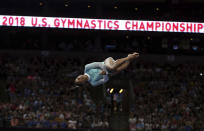 <p>Simone Biles competes on the floor exercise at the U.S. Gymnastics Championships on Aug. 19, 2018, in Boston. </p>