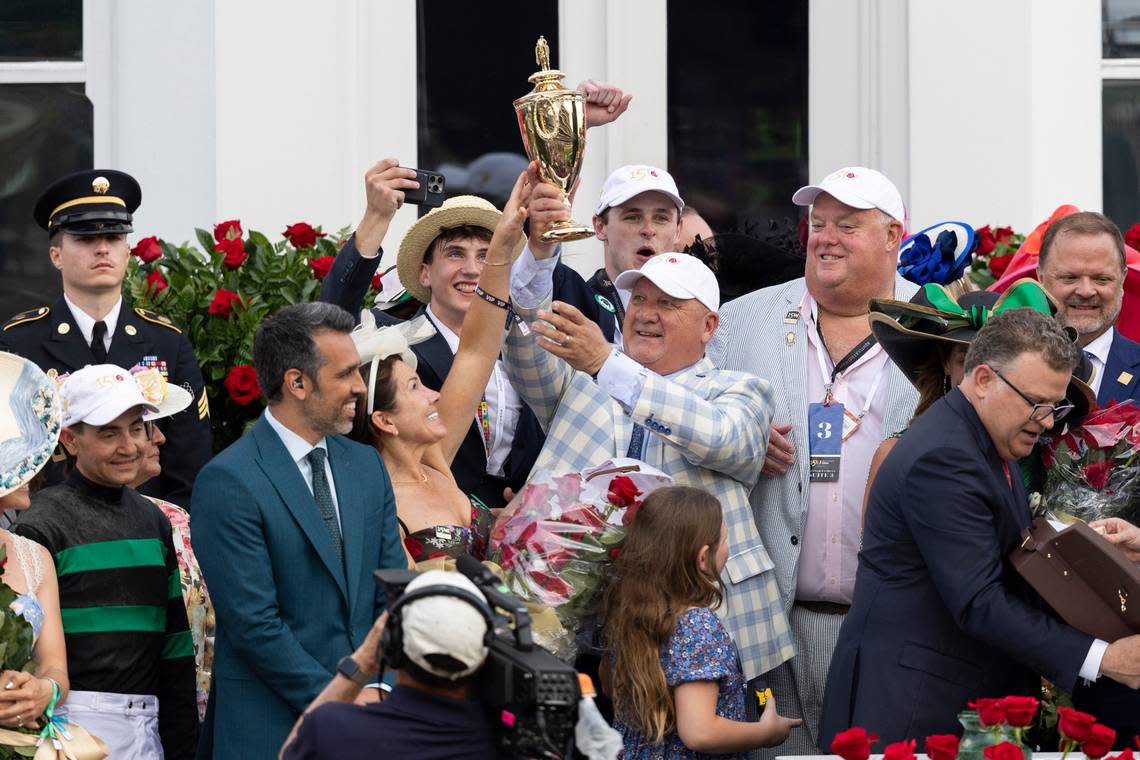 Kenny McPeek, Mystik Dan's trainer, celebrates winning the 150th Kentucky Derby.