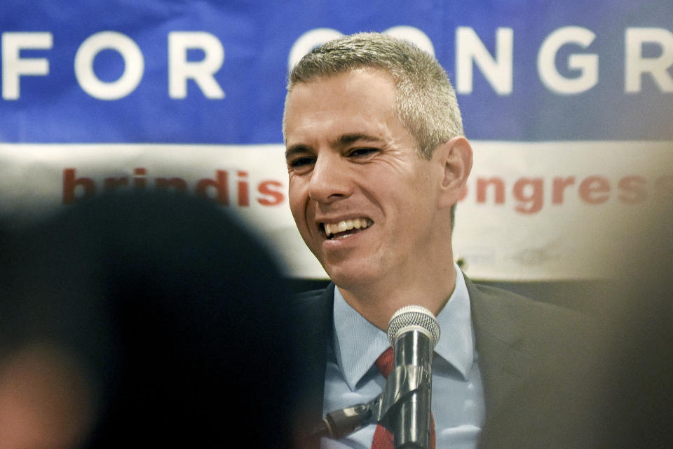 FILE - In this Nov. 6, 2018 file photo, Democratic Congressional candidate Anthony Brindisi reacts during a speech in Utica, N.Y. On Tuesday, Dec. 1, 2020. Former U.S. Rep. Claudia Tenney appeared on the verge of recapturing her old seat in Congress as election officials wrapped up counting ballots Monday, Feb. 1, 2021, in the nation's last undecided U.S. House race. (AP Photo/Heather Ainsworth, File)