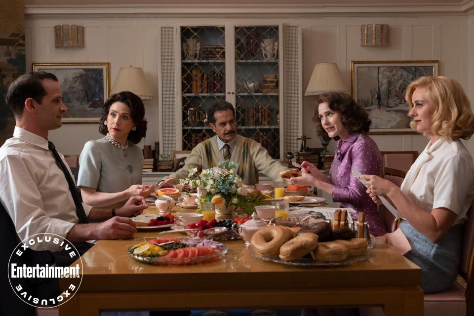 Will Brill, Marin Hinkle, Tony Shalhoub, Rachel Brosnahan, and Justine Lupe in season 5 of 'The Marvelous Mrs. Maisel'