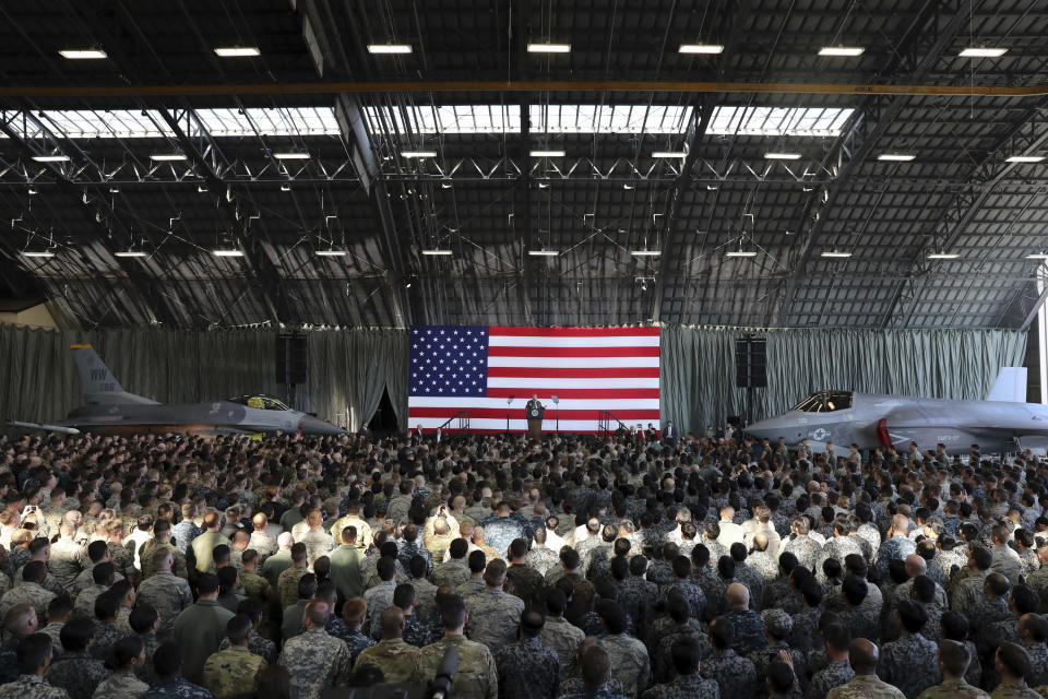 <p>President Donald Trump delivers his speech to the U.S. military personnel and members of Japan Defense Forces upon his arrival at the U.S. Yokota Air Base on the outskirts of Tokyo, Sunday, Nov. 5, 2017. (Photo: Eugene Hoshiko/AP) </p>