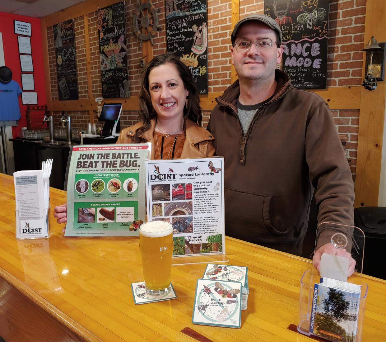 Amanda and Patrick Surfus of Starboard Brewing Co. in Sturgeon Bay are tapping a specially brewed Planthopper Pale Ale as part of an outreach program with the Door County Invasive Species Team to educate people about destructive invasives that are in Wisconsin or close by. The effort includes not just a special beer but also materials that give information on the featured species, including coasters, and ideas to prevent the spread of invasives.