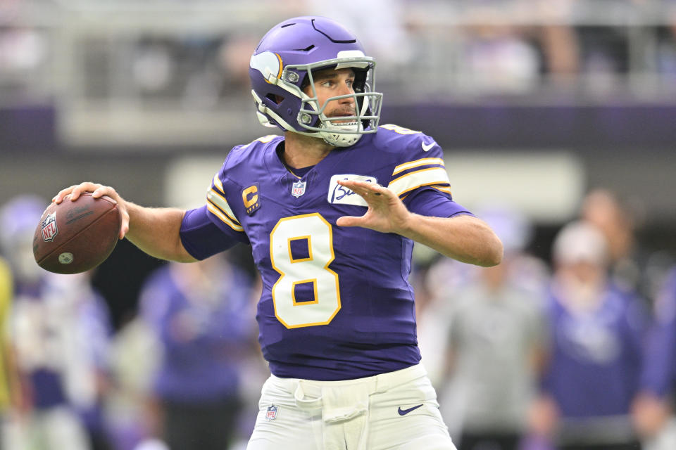 Sep 10, 2023; Minneapolis, Minnesota, USA; Minnesota Vikings quarterback Kirk Cousins (8) prepares to throw a pass against the Tampa Bay Buccaneers during the first quarter at U.S. Bank Stadium. Mandatory Credit: Jeffrey Becker-USA TODAY Sports